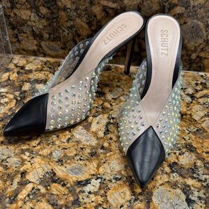 SCHUTZ Black and Cream Heels with Iridescent Embellishments